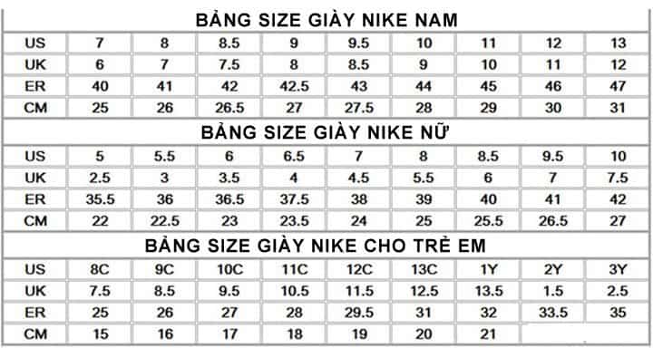 Bảng size giày Nike chi tiết nhất 