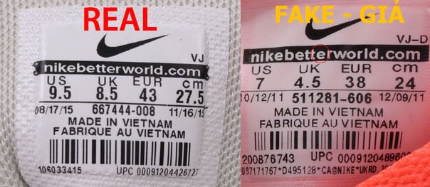Cách phân biệt giày Nike real hay fake qua chữ “ Nikebetterworld”.