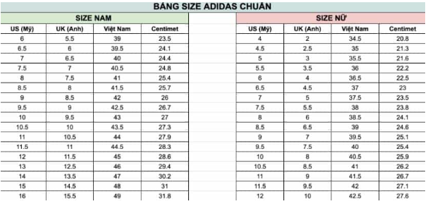 Bảng size giày Adidas Yeezy giúp quý khách hàng dễ dàng chọn được size thích hợp 