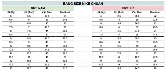 Tham khảo bảng size giày Nike Water Shell 