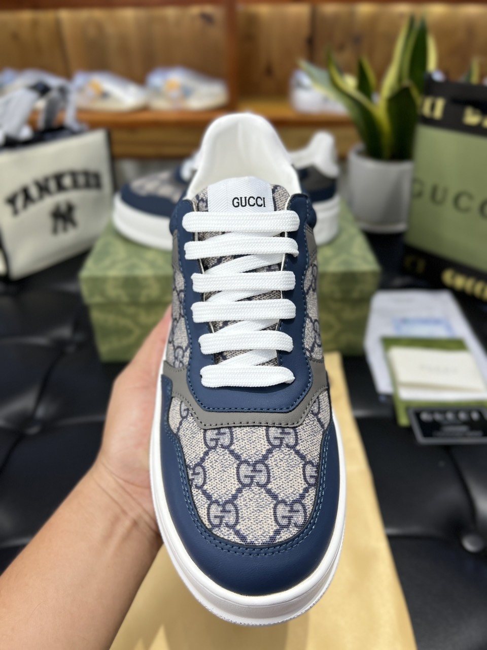 Giày Gucci GG Sneaker Black Blue Leather họa tiết GG Supreme Canvas Like Auth