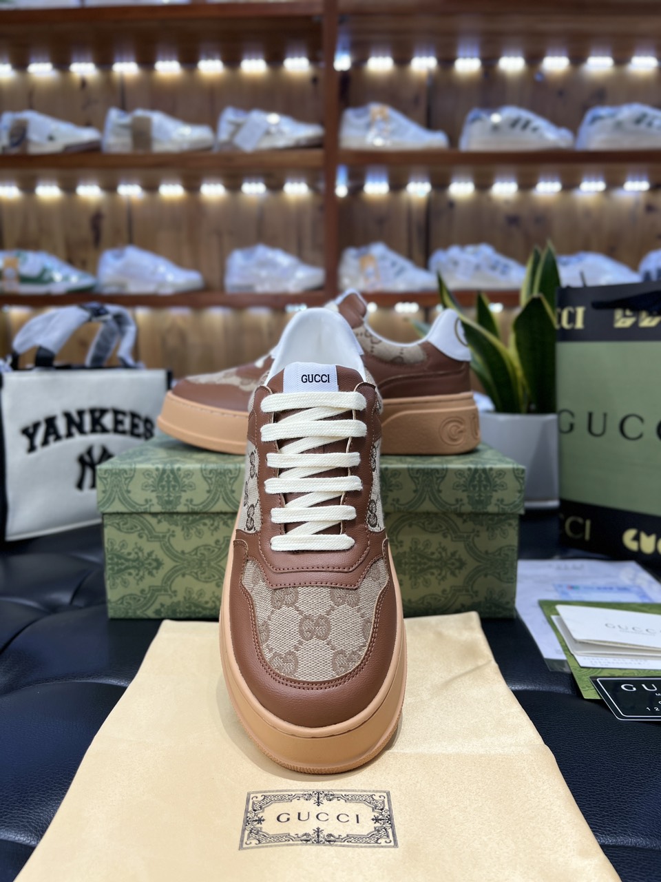 Giày Gucci GG Sneaker Brown Leather Orignal GG Canvas Like Auth