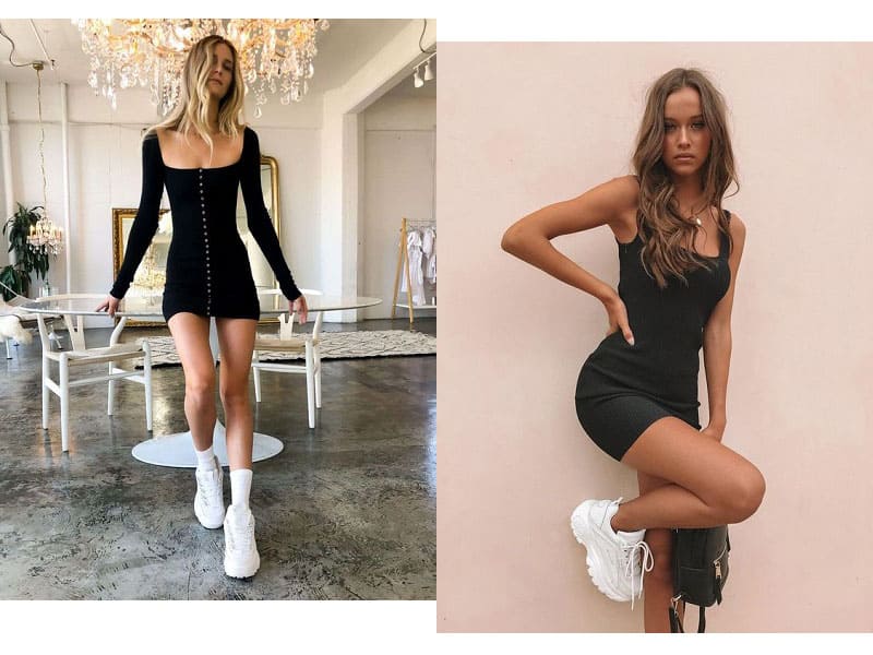 Giày sneaker trắng kết hợp bộ váy đen sẽ giúp các nàng trở nên cá tính