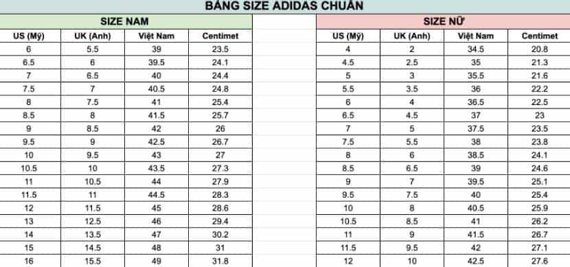 Bảng size giày Adidas Yeezy giúp quý khách hàng tìm được sản phẩm ưng ý, phù hợp