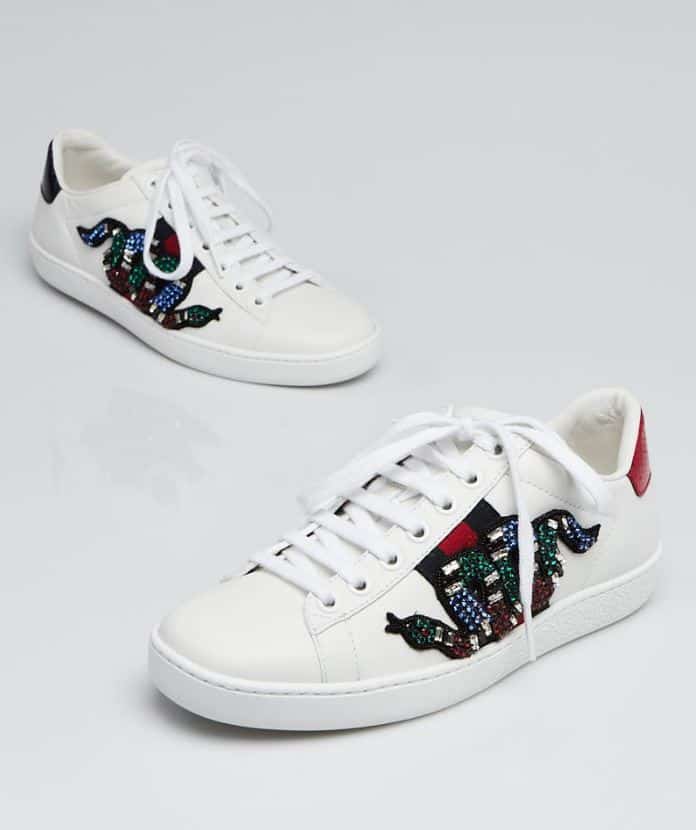 Gucci Ace Low-Top Snake Embroidered Crystal Sneaker With Web