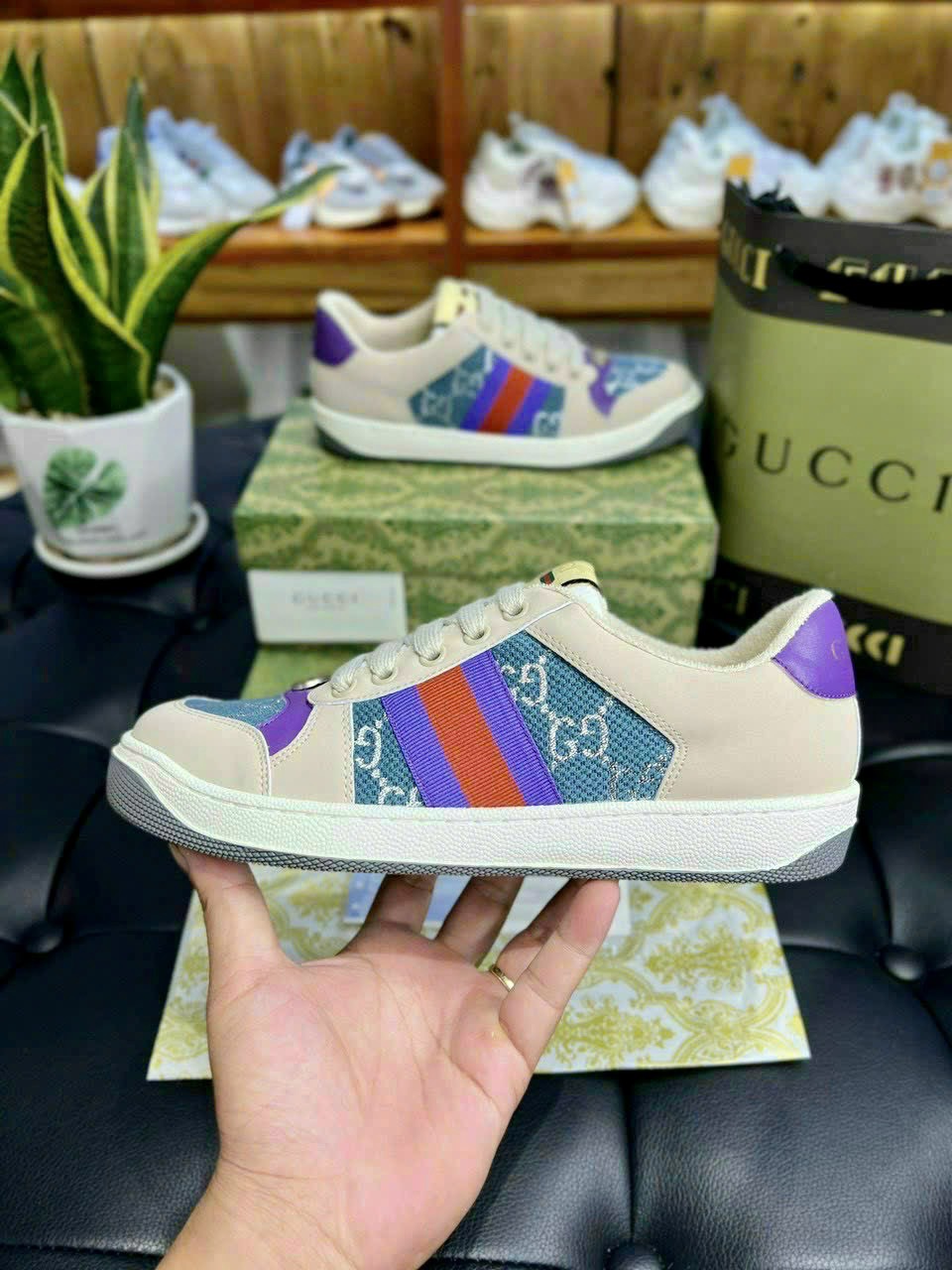 Giày Gucci Screener Blue GG Lamé Like Auth