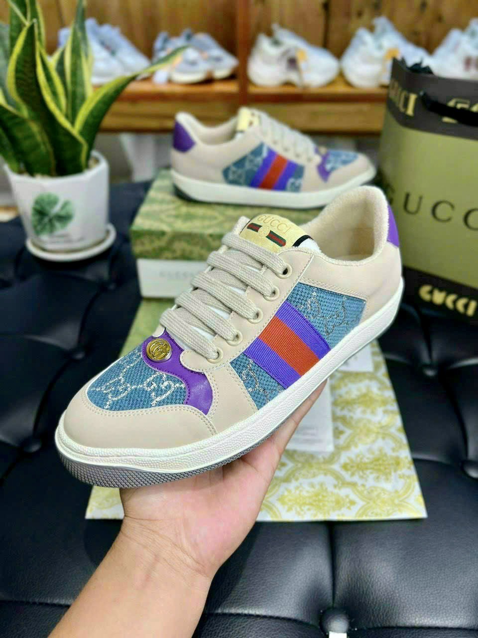 Giày Gucci Screener Blue GG Lamé Like Auth